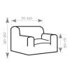 Afbeelding van de afmetingen. 70-110cm breed. 90-110 cm hoog en 50-70cm hoog bij de armleuning.