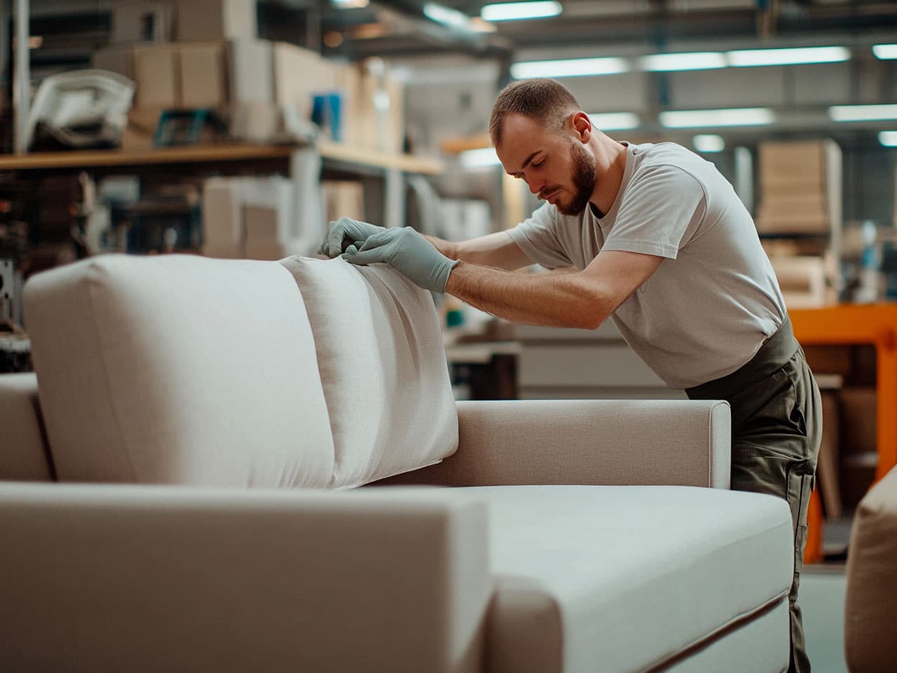 Stoffeerder van MeubelVisie aan het werk aan een bank in het atelier