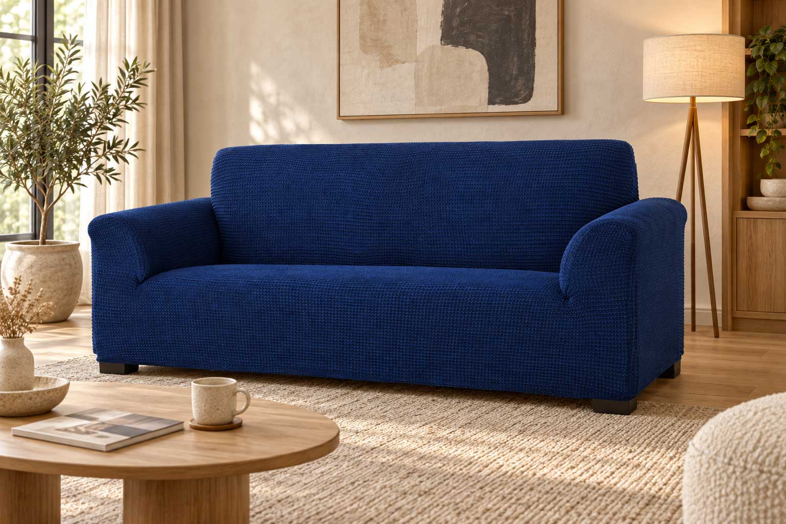 Bankhoes Milos in blauw in een warm modern interieur