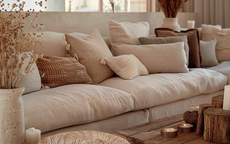 Beige stoffen bank met kussens in een warme woonkamer.