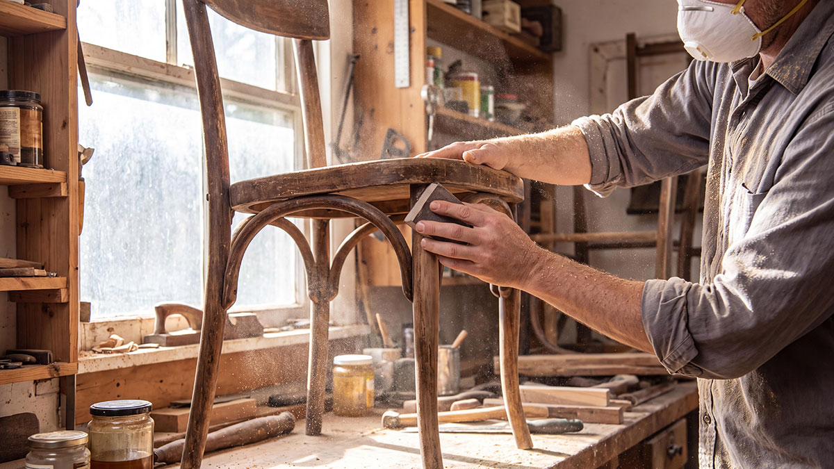 Vakman schuurt een houten stoel tijdens meubelreparatie